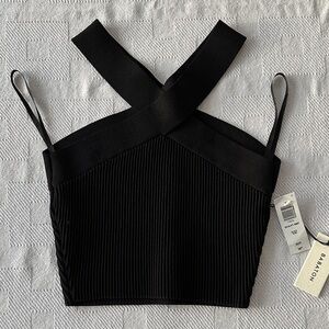 Babaton Black Ribbed Cross-Back Crop Camisole
